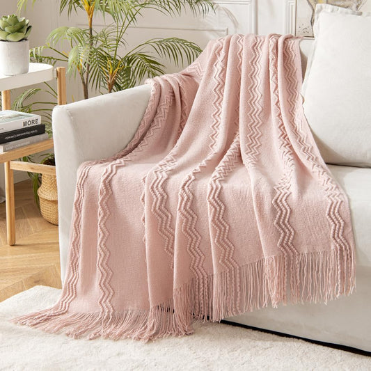 MIULEE Light Pink Knitted Throw Blanket for Couch Bed, Boho Textured Cozy Woven Decorative Farmhouse Blanket with Tassels for Sofa Chair Living Room 50"x60"