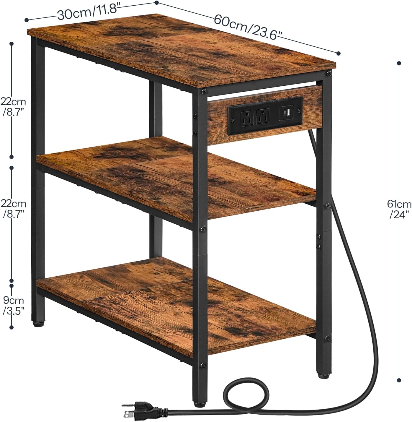 HOOBRO End Table with Charging Station, Simple Rustic Side Table with 3-Tier Storage Shelf, Narrow Nightstand for Small Spaces, for Living Room, Industrial Design, Rustic Brown and Black BF149UBZ01