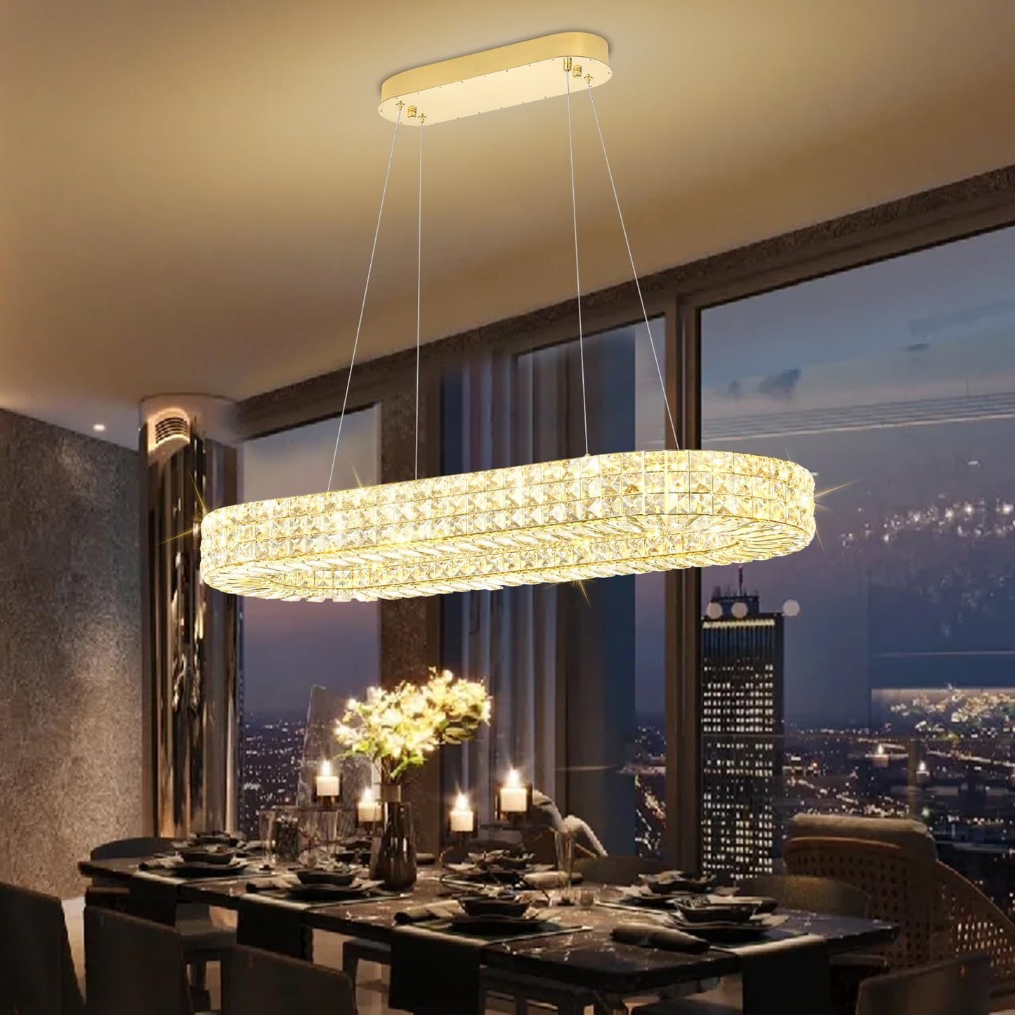 Modern Crystal Chandelier, Dia 40" Rectangular Chandelier for Dining Room,Gold Rectangle Crystal Ceiling Light Luxury Oval Chandeliers for Living Room Kitchen Island