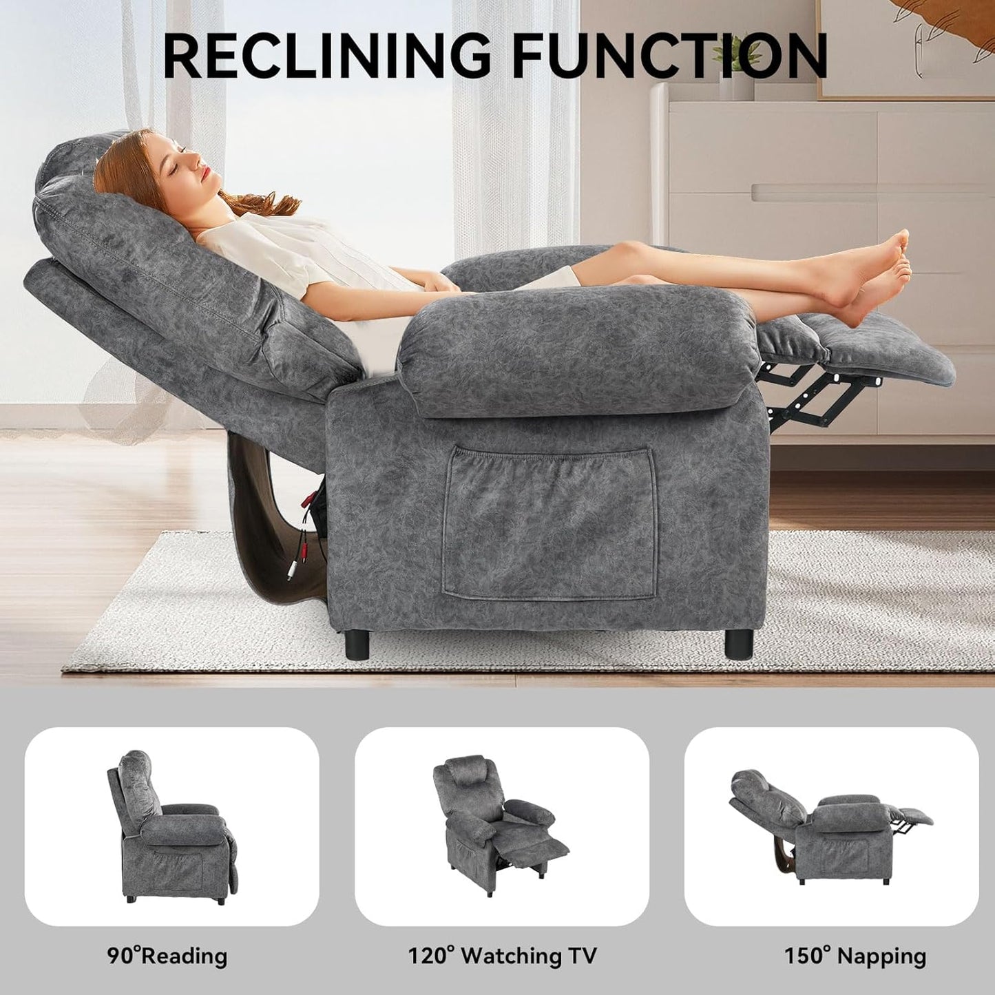 KCREAM Massage Recliner Chair with Heating,Overstuffed Fabric Reclining Chairs for Living Room,Small Recliner Manual Reclining Single Sofa Recliners Lounge Chair,Grey