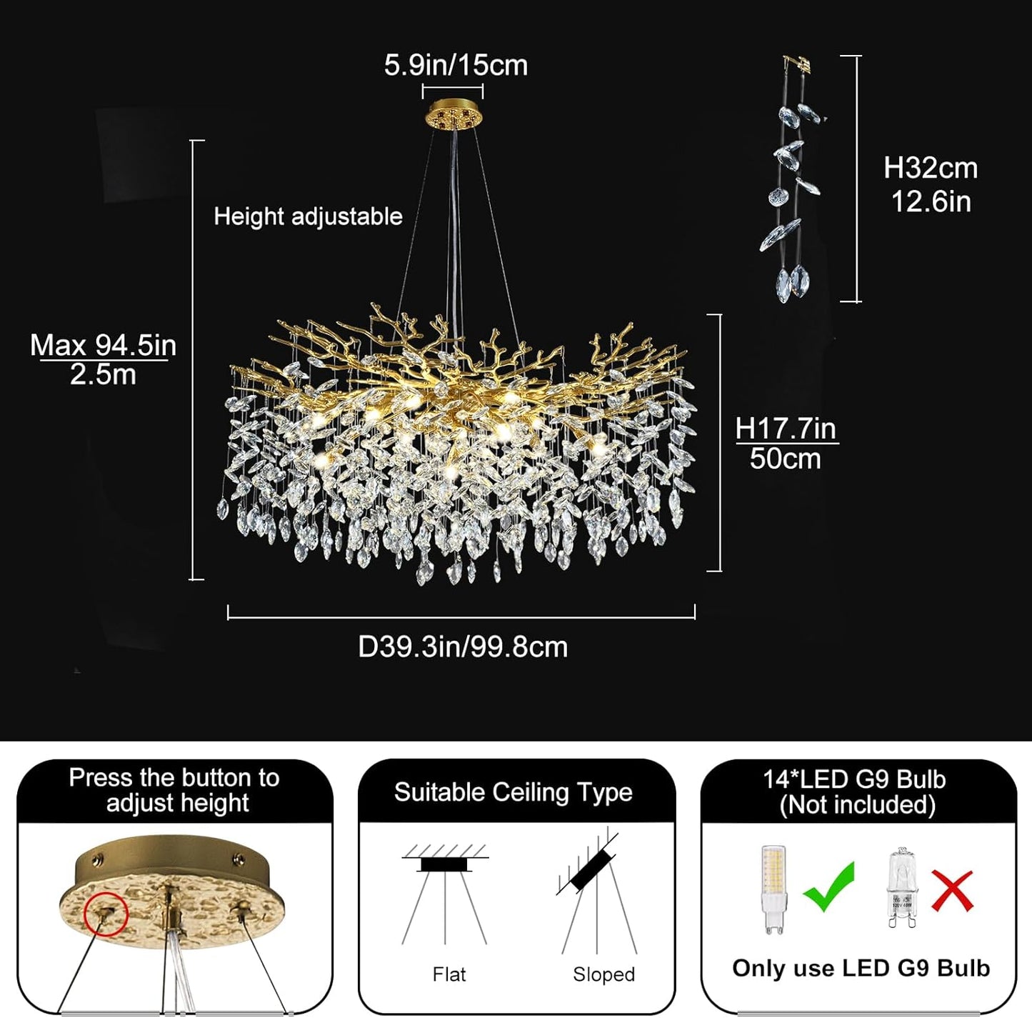 Modern Crystal Chandeliers for Dining Room Over Table, 40" Round Gold Tree Branche Chandelier, Large Crystal Chandelier for Living Room,High Ceiling,Foyer,Entryway,Kitchen Island,Staircase