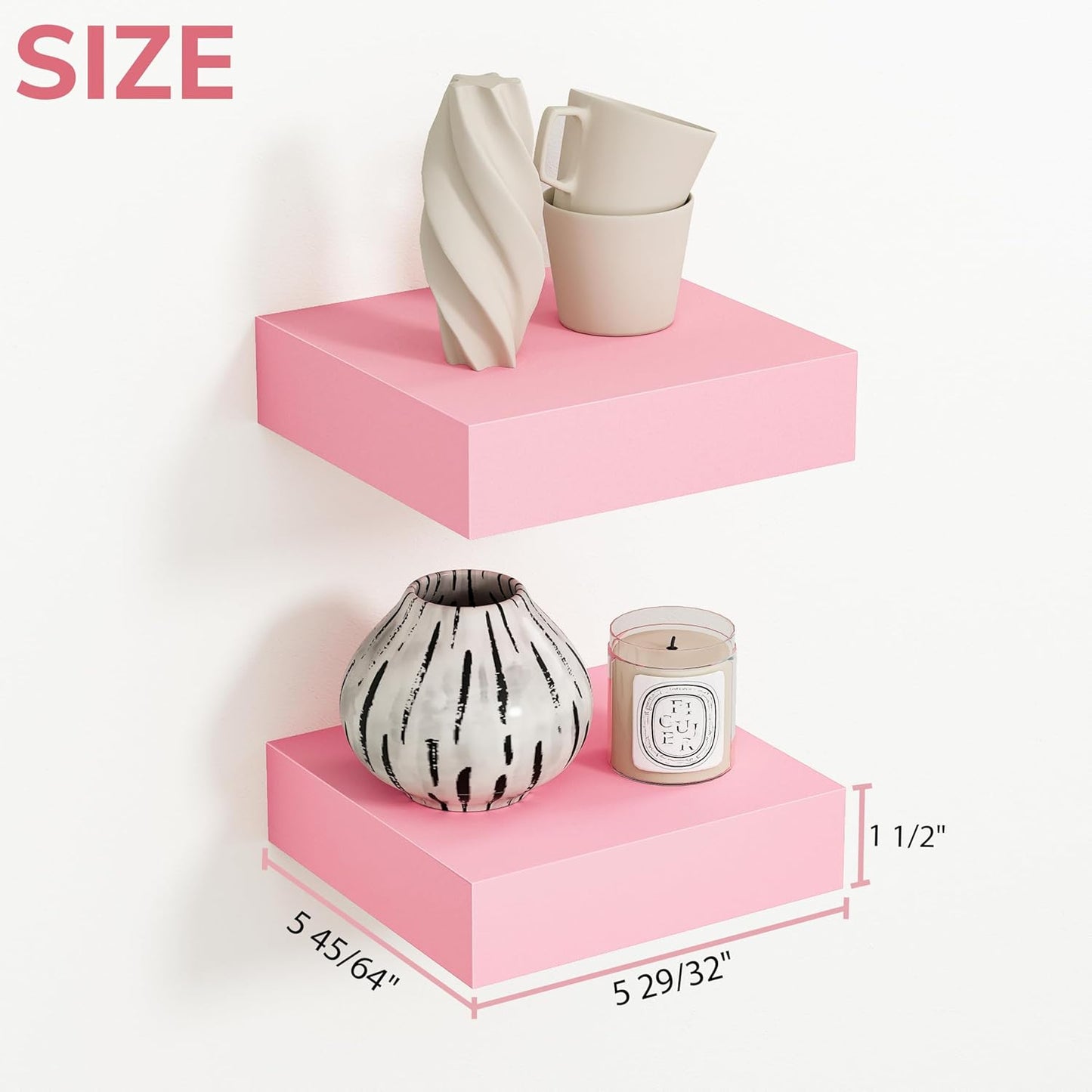 BAMEOS Pink Floating Shelves for Wall, 6" x 6" Wall Shelves for Room, Floating Book Shelves, Hanging Shelves for Bedroom, Bedroom, Living Room, Kitchen (Set of 2)