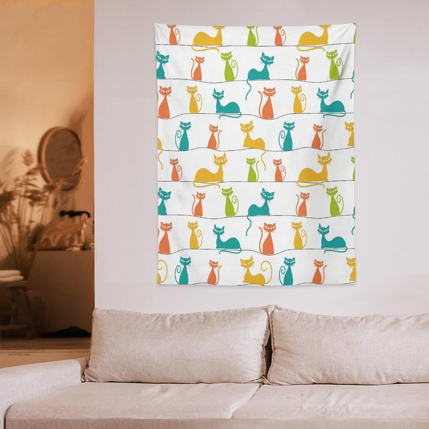 ICMOLYYENLO Boho Medieval Cat Tapestry, Abstract Atomic Starburst Geometric Aesthetic Art Wall Hanging For Bedroom Living Room Dormitory 50x60 Inches