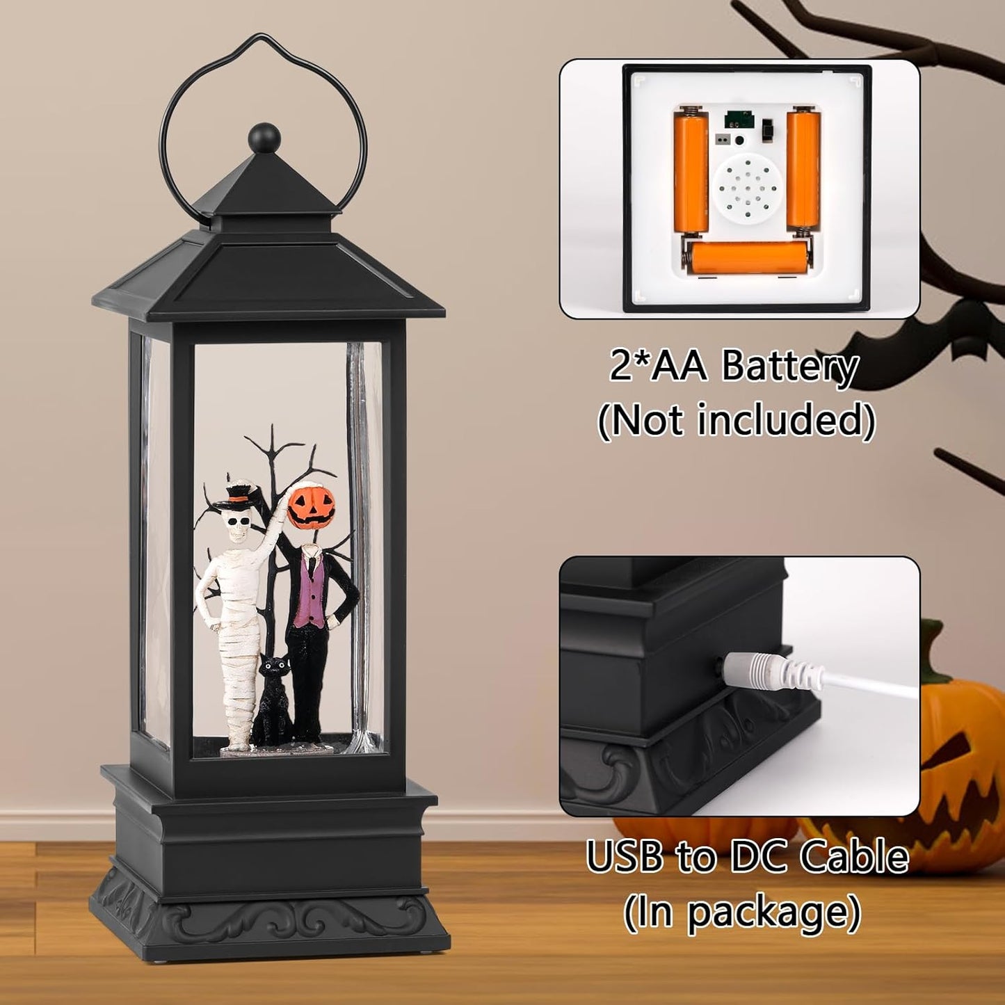 Halloween Snow Globes, Skull and Black Cat Scene Snow Globes, Glittering Lantern with Timer, Snow Globe Lantern USB or Battery Powered for Halloween Decor