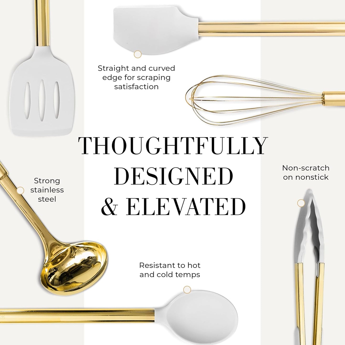 White Silicone and Gold Cooking Utensils Set with Gold Utensil Holder - 7-Piece Silicone Cooking Tools - Ideal for Nonstick Cookware and Stylish Modern Kitchens - Luxury Kitchen Accessories