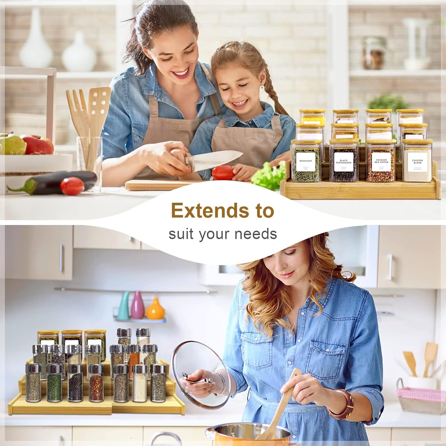 Spice Rack Organizer for Cabinet, 3 Tier Expandable Bamboo Spice Storage, Great for Kitchen Cabinet, Cupboard,Pantry and More