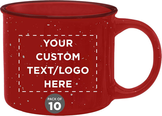 DISCOUNT PROMOS Custom Ceramic Campfire Coffee Mugs 13 oz. Set of 10, Personalized Bulk Pack - Perfect for Tea, Espresso, Cappuccino, Hot Cocoa - Red