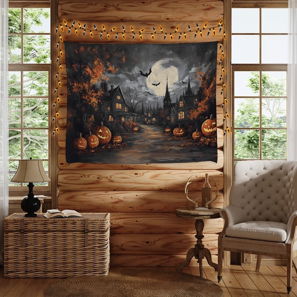Spooky Halloween Tapestry Haunted Home Bats Pumpkin Tapestry Wall Hanging Dark Academia Fall Full Moon Decor Gothic Ghost Tapestries for bedroom Living Room Decoration 30x40inch