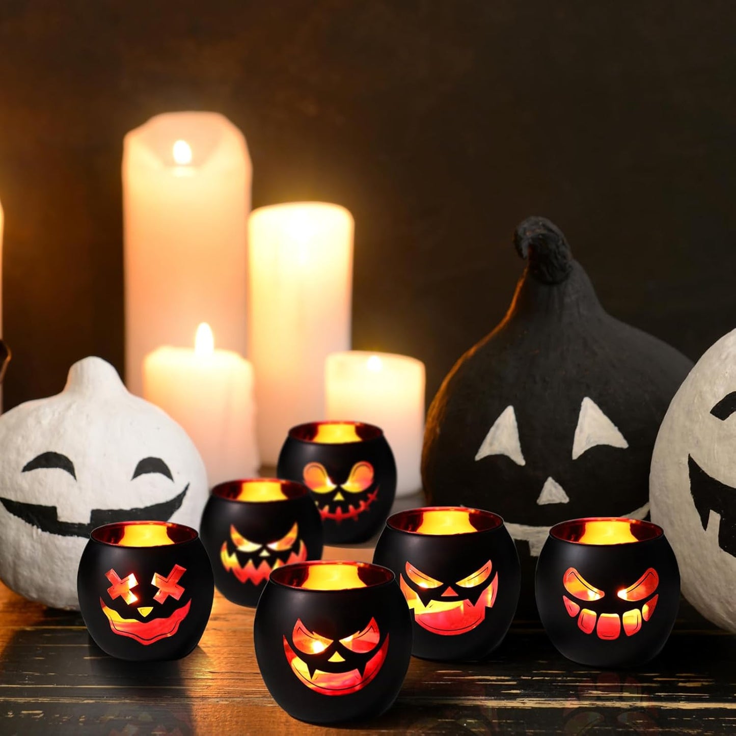 Black Halloween Table Centerpieces Candle Holders 6PCS, Jack O Lantern Tealight Votive Candle Holders, Indoor Halloween Decorations for Mantel Coffe Table Decor