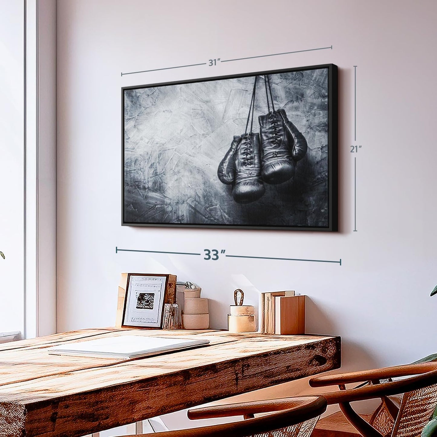 ElephantStock Boxing Gloves Wall Art - Horizontal Framed Canvas - 1-Piece Living Room Wall Decor - Photography Sports Canvas Print - Black and Gray Decor for Wall - 31" X 21"