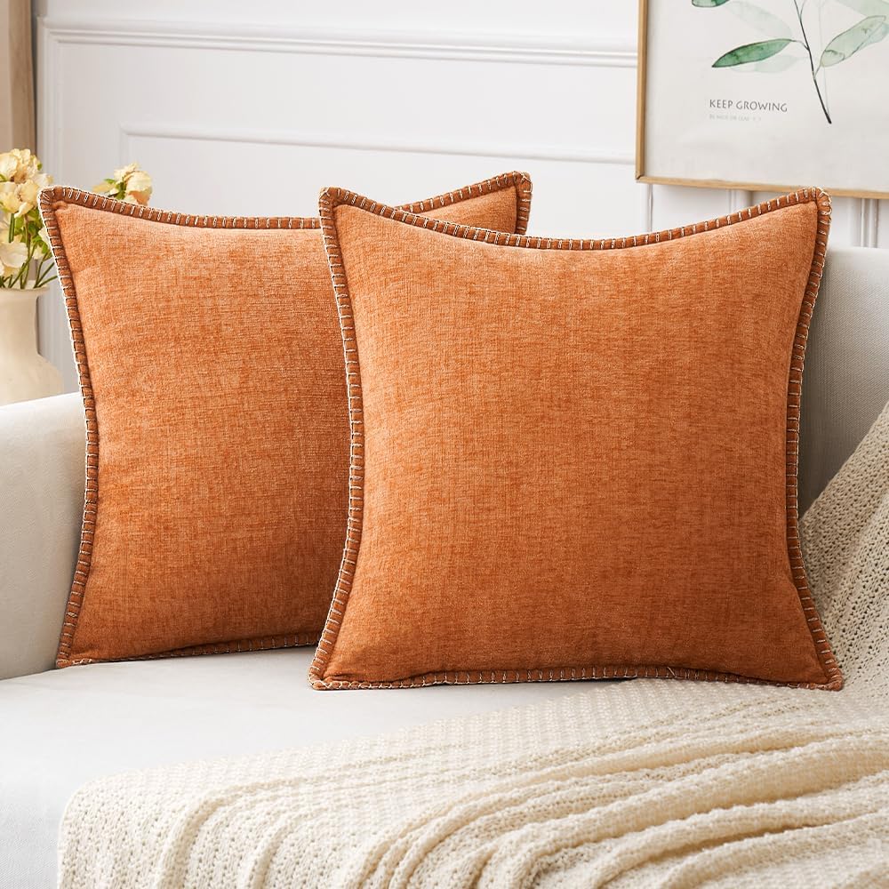 MIULEE Pack of 2 Fall Couch Throw Pillow Covers 20x20 Inch Orange Farmhouse Decorative Pillow Covers with Stitched Edge Soft Chenille Solid Dyed Pillow Covers for Sofa Bed Living Room