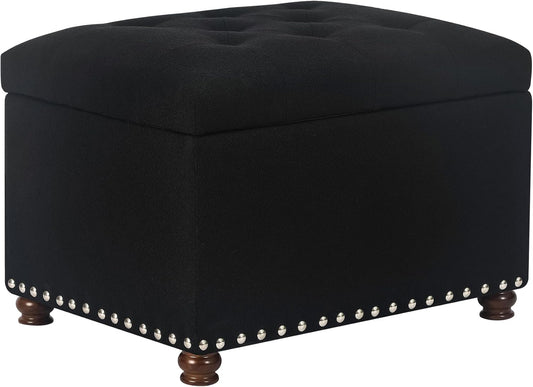 Joveco Storage Ottoman Bench, Rectangle 24″ Linen Foot Rest Stool Square Footstool for Living Room, Bedroom, Black