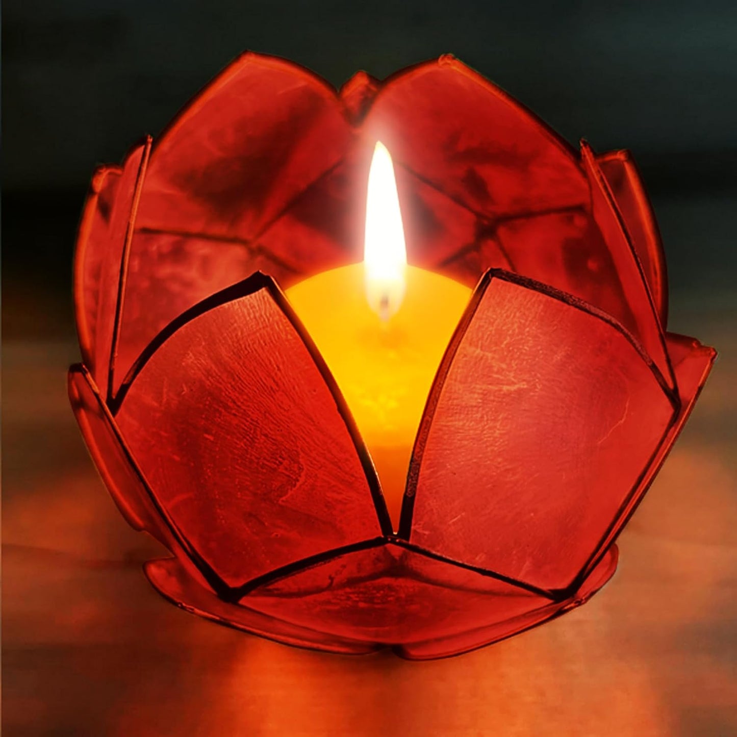Blooming Lotus Capiz Shell Tealight Candle Holder, Handcrafted Decorative Tea Light Candleholder with Translucent Flower Petals for Ambient Illumination and Natural Elegance, Red