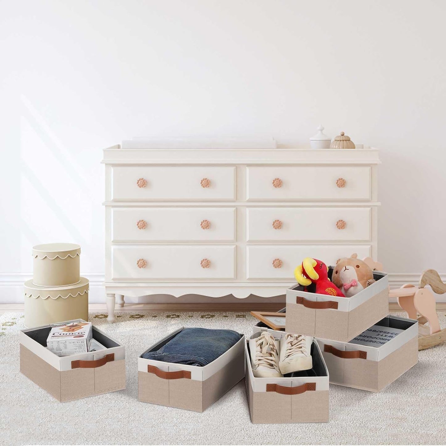 GhvyenntteS Small Fabric Storage Bins 6 Pack, 11.8" x 7.87" x 5.11" Storage Basket with Leather Handles, Closet Storage Bins for Shelves, Storage Baskets for Shelves, DVD Storage (Pink/White)