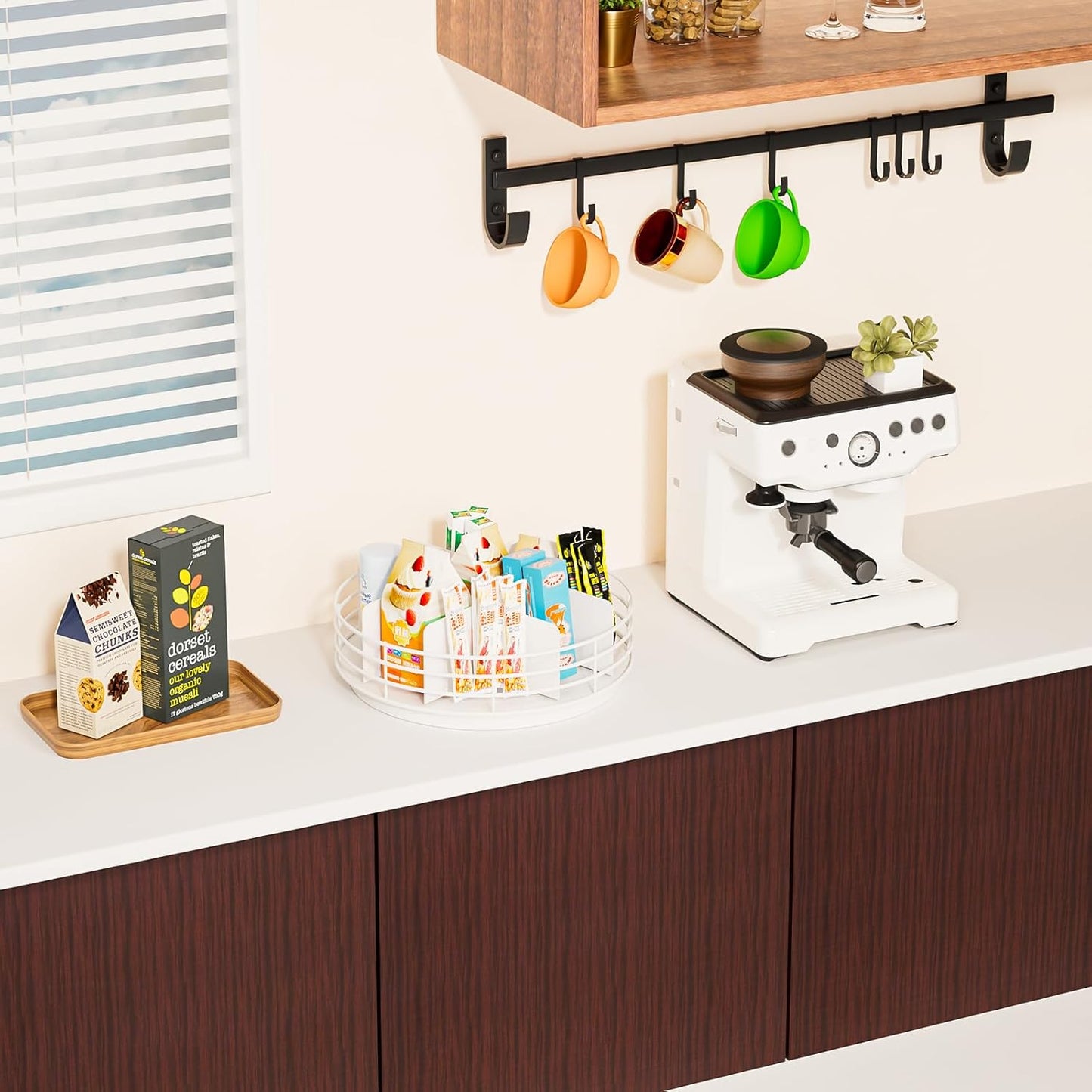 Snack Organizer - Versatile Snack Storage, Lazy Susan with Convenient Grab-and-Go Design, Metal Snack Holder for Home, Office, Breakroom, 11.85" L x 11.85" W x 4.17" H (White)