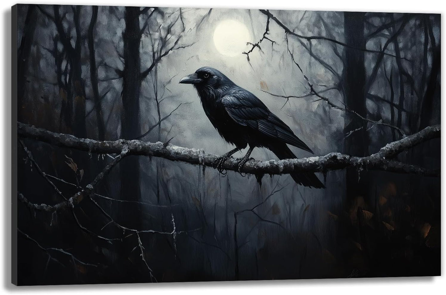 OAAPITI Crow Canvas Wall Art Black Crow Stand On The Branch Picture Print Moonlit Night Poster Vintage Forest Landscape Painting Artwork Living Room Halloween Decor(Artwork-1,20"x30")