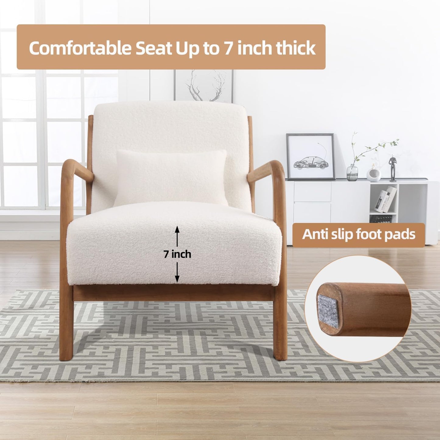 INZOY Mid Century Modern Accent Chair with Lamb Wool Fabric, Upholstered Living Room Chairs with Waist Cushion, Reading Armchair for Bedroom Sunroom, White