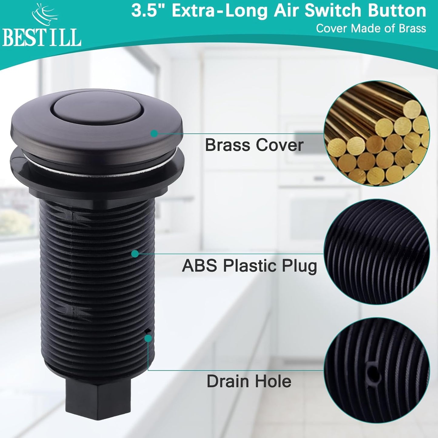 BESTILL Garbage Disposal Button, UL Listed, Cordless Sink Top Air Switch Kit for Waste Disposer, 3.6" Long Push Button with Brass Cover, Gunmetal Gray, Compatible with all Garbage Disposals