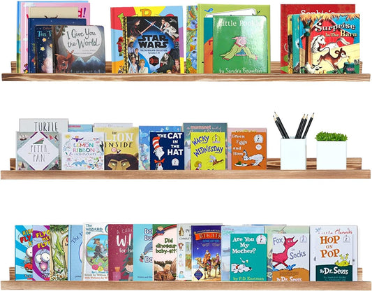 AZSKY Picture Ledge Shelf Wall Ledge Floating Shelves for Photo Frames Kids Book Shelves Wall Mounted Burnt Wall Display Shelf Wooden Frame Ledge 48 Inches Set of 3 Bathroom Organizer Shelves