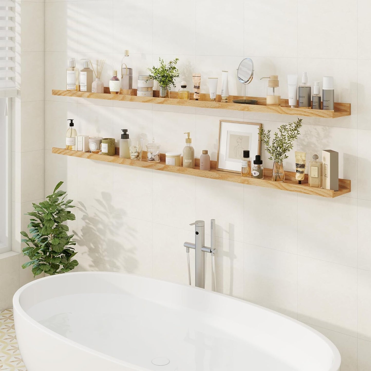 Floating Picture Ledge Shelves 72 Inch Solid Oak Wood Set of 2, Rustic Wall Storage Shelves with Lip, Kids Bookshelf, Photo & Picture Ledge Shelves for Bedroom, Living Room, Kitchen