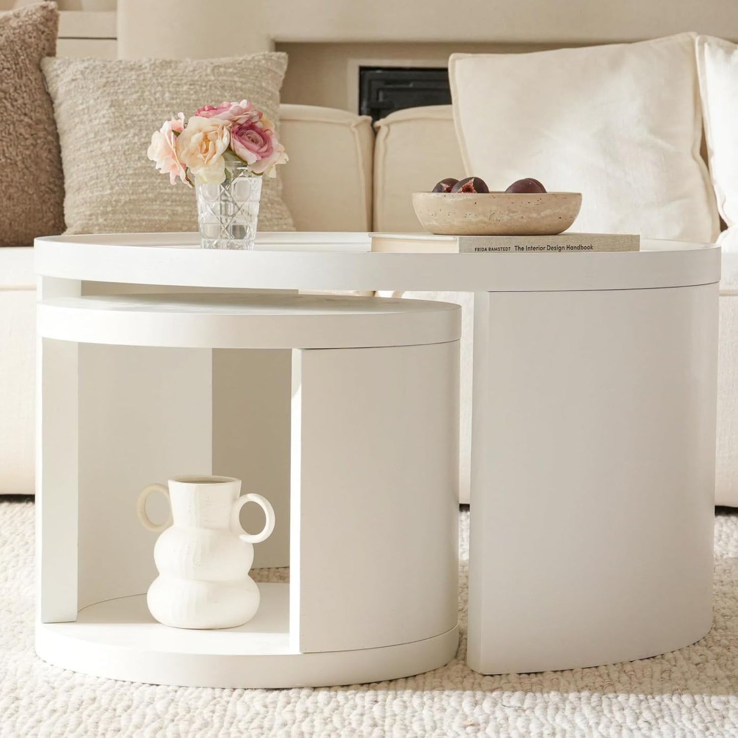 Round Nesting Coffee Table Set of 2,31.5" Large & 18" Small Low Tables with Wood Look Top,Space-Saving Side Tables for Living Room,Bedroom,Office,Minimalist Center Table Set (White, L+S)