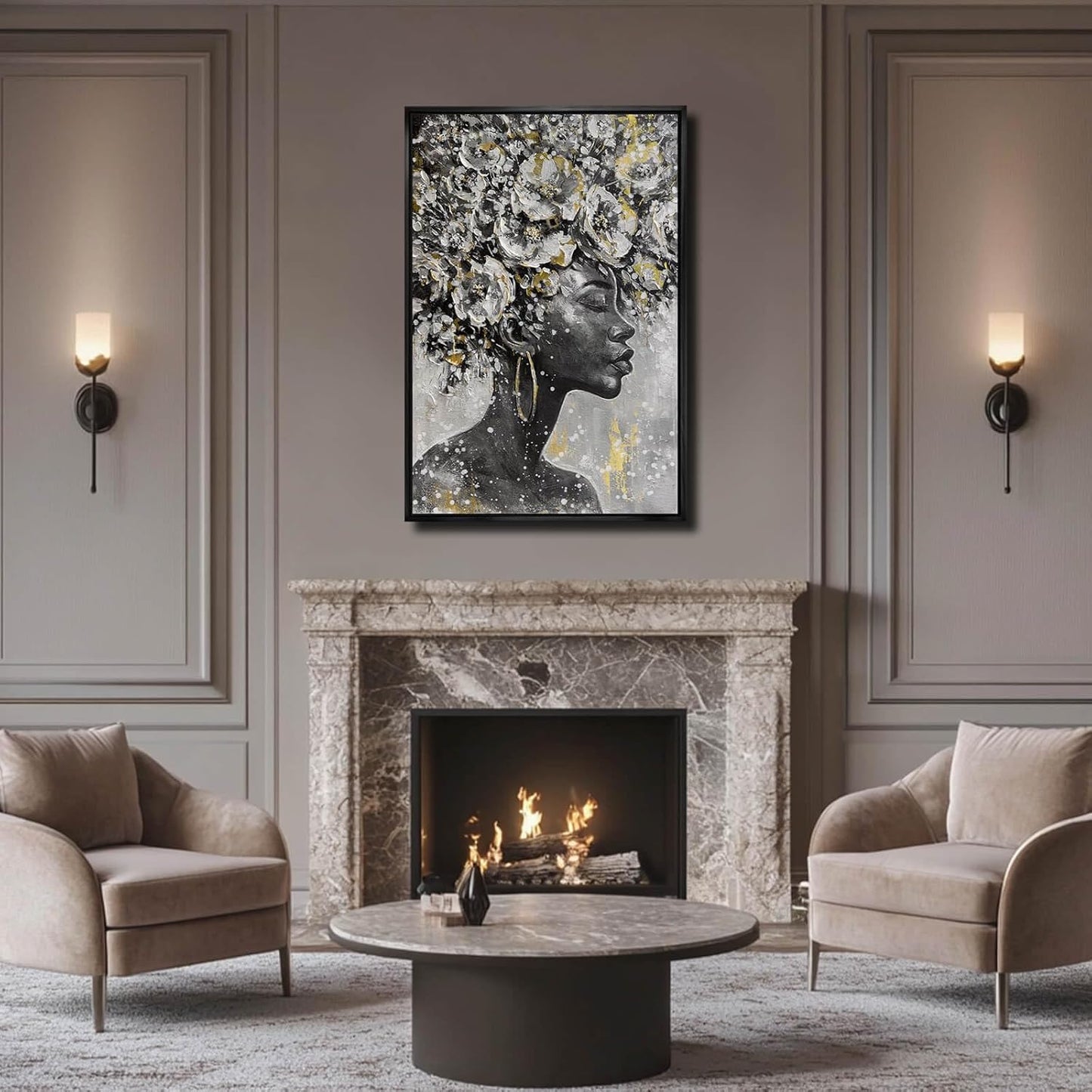 MLART99 Gold African American Wall Art Black Woman Wall Decor with Frame Vertical Floral Canvas Painting Modern Print Bedroom Living Room Decor 24x36 Inch