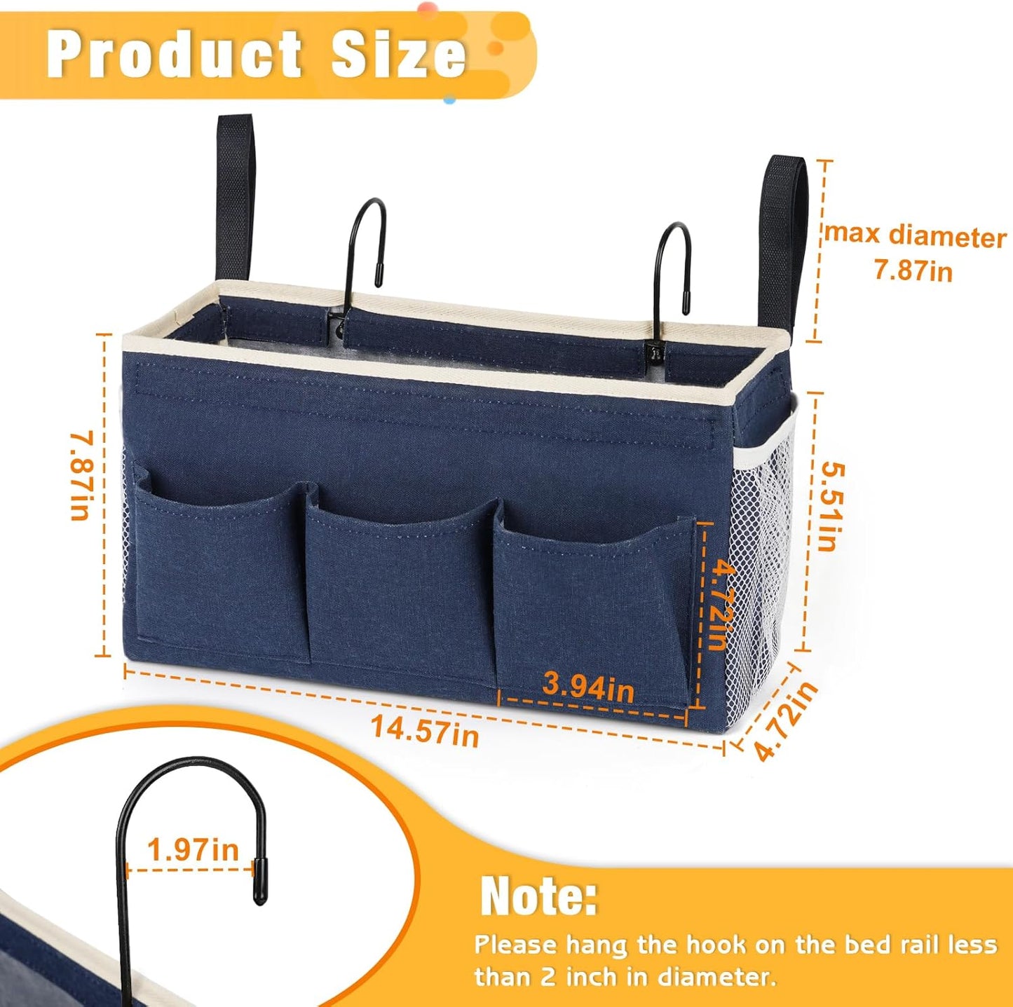 Bedside Caddy Bedside Organizer Bedside Storage Caddy with Fixed Straps and Water Bottle Holder for Home College Dorm Bunk Bed Hospital Bed Crib Bed Rails (Navy Blue)