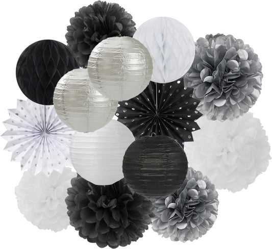 Black-White Silver Party-Decorations Paper-Lanterns - 14pcs New Years Streamers Fan,Tissue Pom Poms,Graduation Men Boys Birthday Wedding Baby Bridal Shower Decor Lasting Surprise