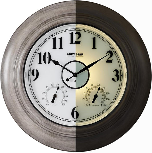 Andy Star 21 Inch Large Luminous Outdoor Wall Clock and Temperature for Patio, Pool, Oversized Round Wall Clocks Waterproof, Vintage Brushed Gray Oak Wooden Finish Silent Non Ticking