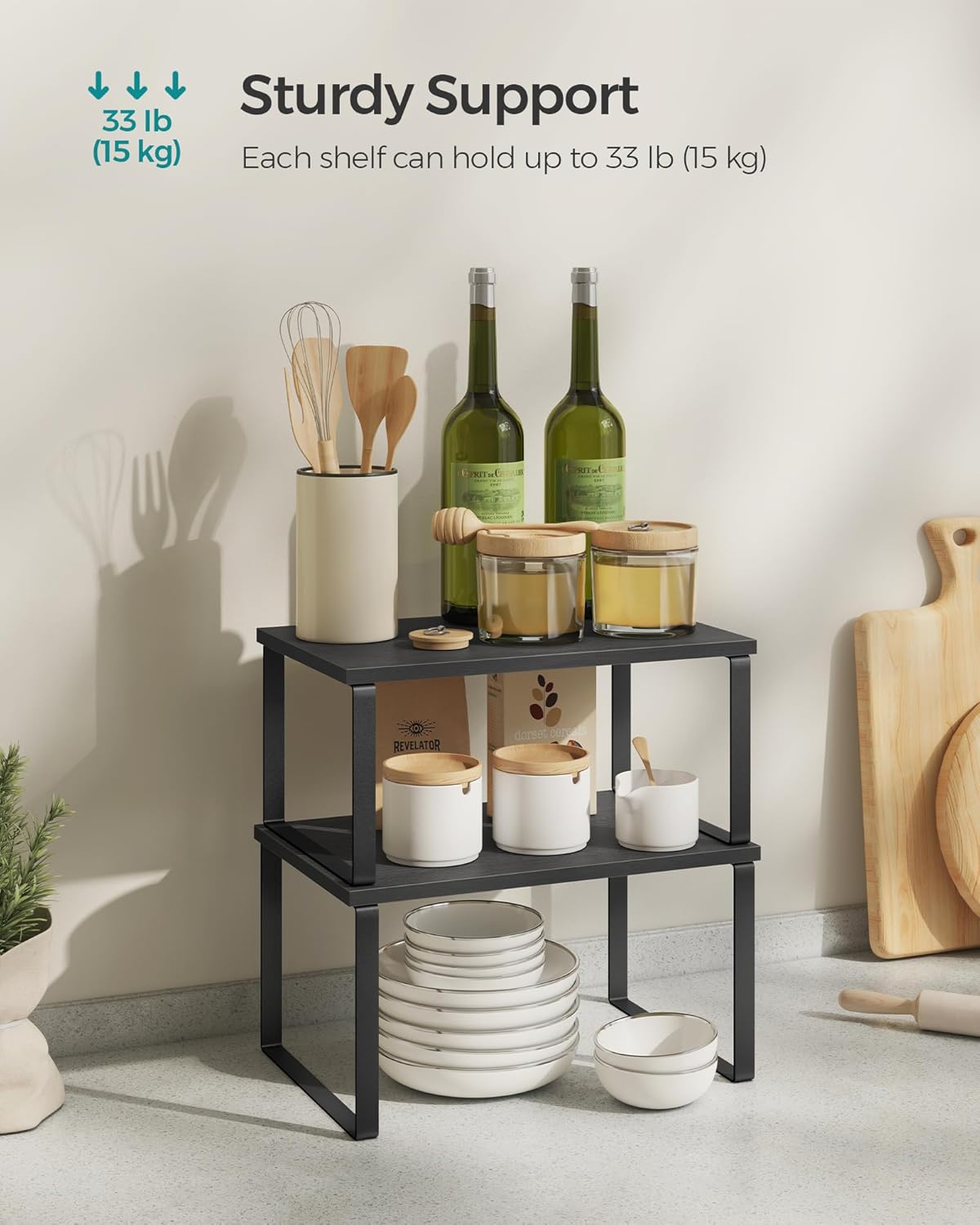 SONGMICS Cabinet Organizer Shelf, Set of 2 Kitchen Counter Shelves, Kitchen Storage, Spice Rack, Stackable, Expandable, Metal and Engineered Wood, Ink Black and Charcoal Black UKCS02B01