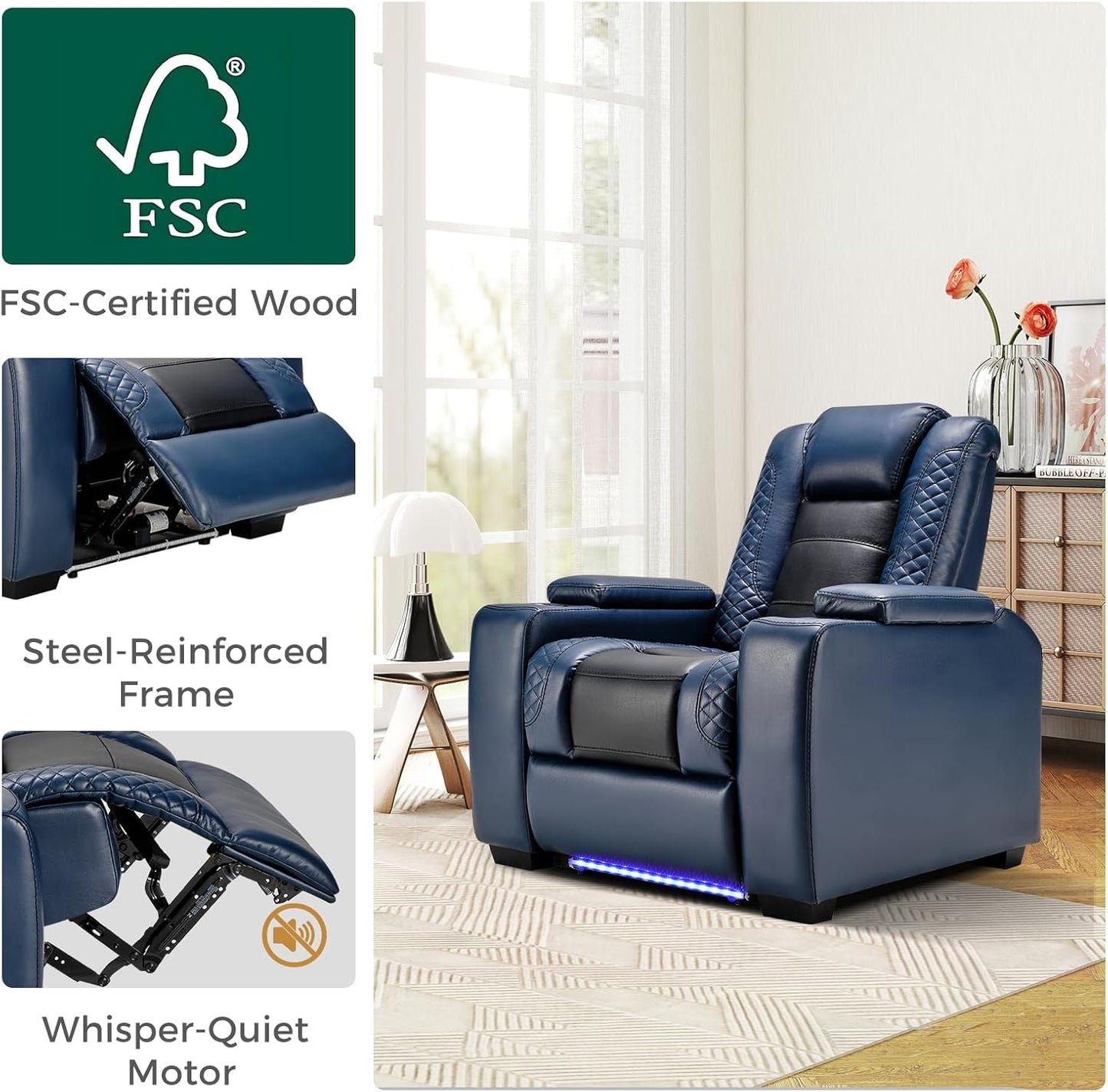 ANJ Power Home Theater Seating Set of 2, Blue Faux Leather Electric Recliner Chair with Powered Headrest, Dual Motors Movie Reclining Chairs with LED Lights,USB Port,Cup Holders, Hidden Arm Storage