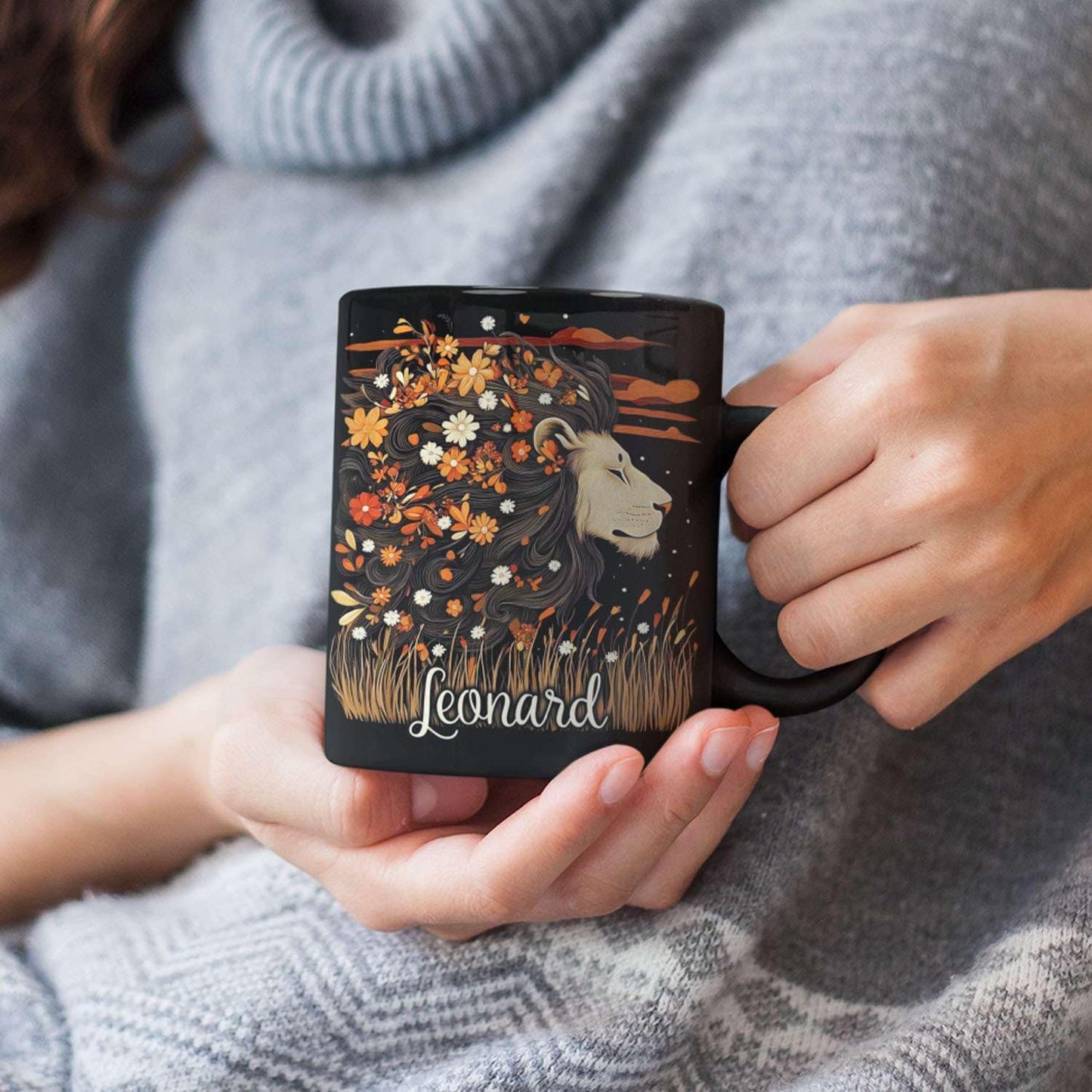 Personalized Lion Lover Cup with Vibrant Floral, Custom Name Coffee Mug 11oz or 15oz, Custom Nature Inspired Ceramic Cup, Artistic Lion Black Coffee Mug, Gifts for Women, Men