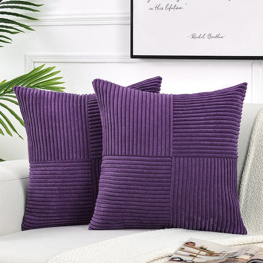 Fancy Homi 2 Packs Purple Decorative Throw Pillow Covers 20x20 Inch for Living Room Couch Bed, Farmhouse Boho Home Decor, Soft Corss Corduroy Patchwork Accent Square Cushion Case 50x50 cm