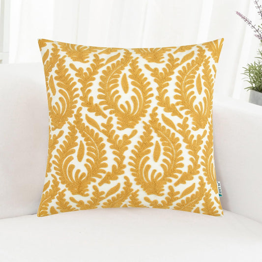 HWY 50 Mustard Yellow Decorative Throw Pillow Covers 18x18 Inch (1 Piece), Embroidered Cotton Farmhouse Cushion Cover Pillow Case for Sofa Couch Living Room Bed Bedroon, Floral Branches