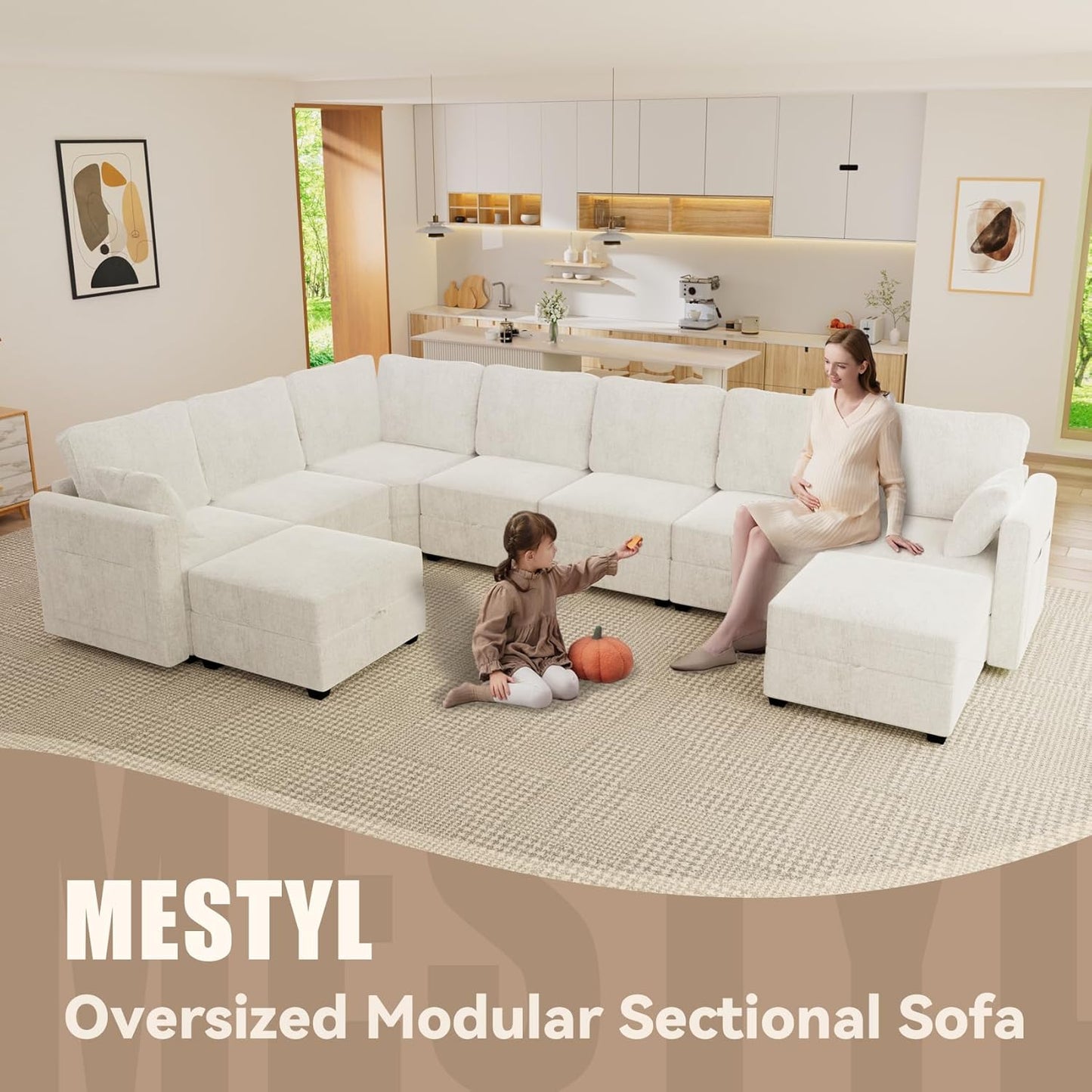 mestyl Modular Sectional Sofa Convertible Sofa Couch Set with Storage for Living Room, Modern 7 Seater Modular Sectional Couch with 2 Movable Ottoman (Beige)
