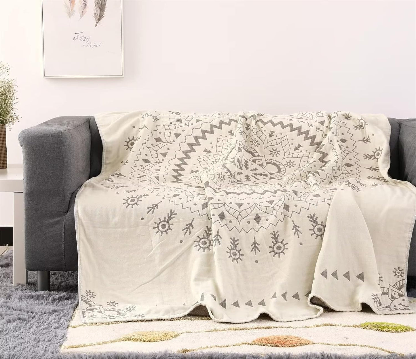 MSGKV Boho Throw Blanket for Couch Sofa Bed, 100% Cotton Blankets 80''x 90'' Woven Blankets Boho Quilt, Versatile KnitWoven Blanket, Super Soft Decorative Blanket for Chair Sofa and Living Room