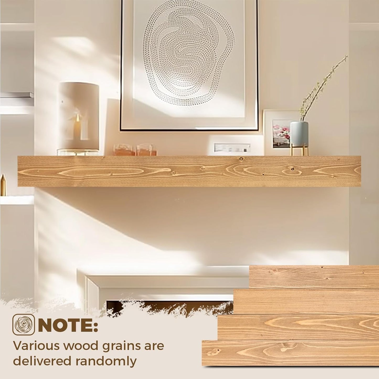 60x8x3 Fireplace Mantel - Handcrafted Hollow Rustic Solid Wood Wall Mounted Floating Shelf with Invisible Heavy Duty Wood Bracket (Natural Wood)