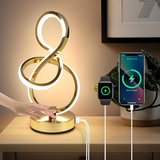 Modern Table Lamp, LED Bedside lamp with USB C+A ports, Touch Stepless Dimmable Nightstand lamp, Unique Spiral Table lamp for Bedroom Living Room Home Office, Spiral lamp for Ideal Gift, Gold