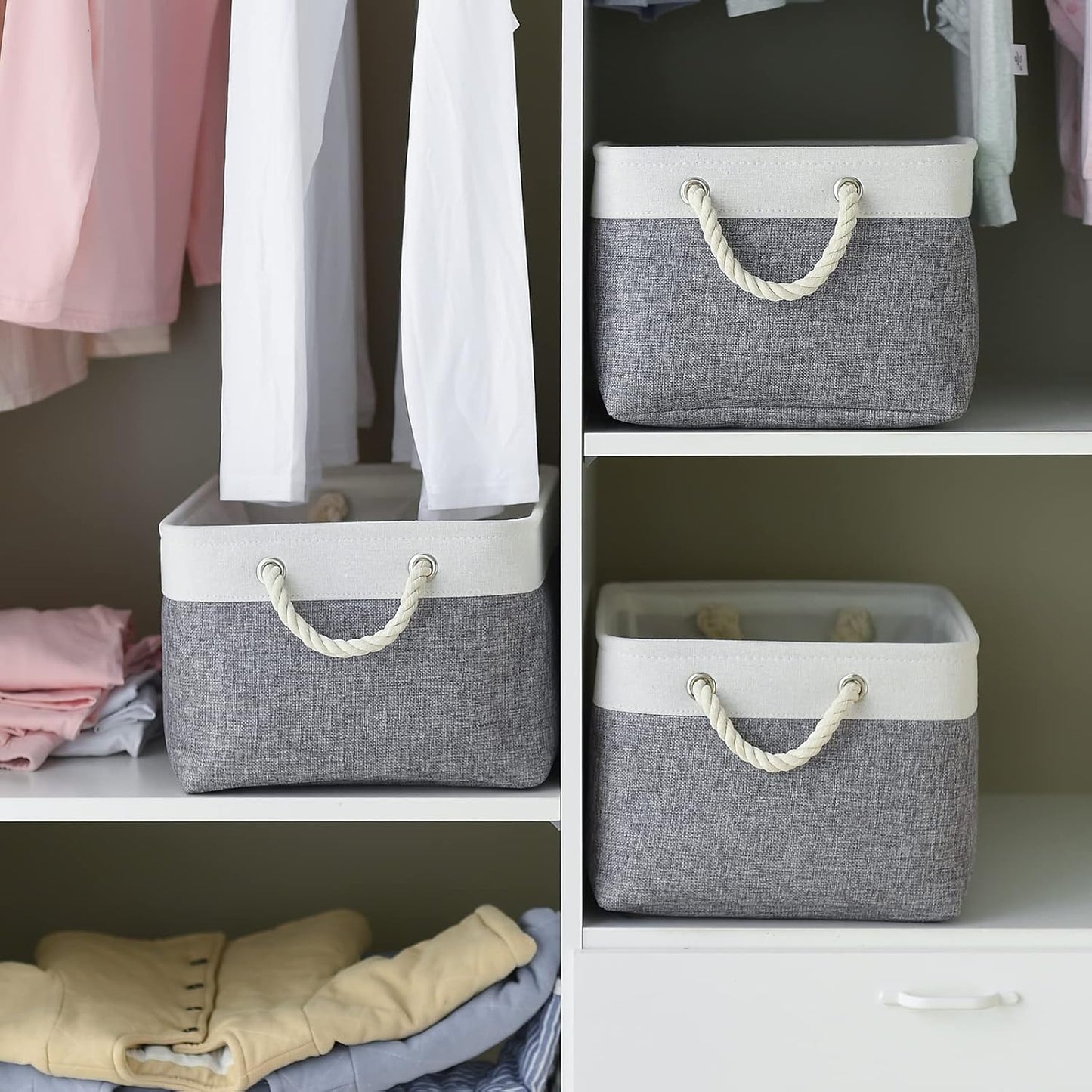 Large Storage Baskets for Shelves, Fabric Baskets for Organizing, Collapsible Storage Bins for Closet, Nursery, Clothes, Toys, Home & Office [3-Pack, White&Grey]