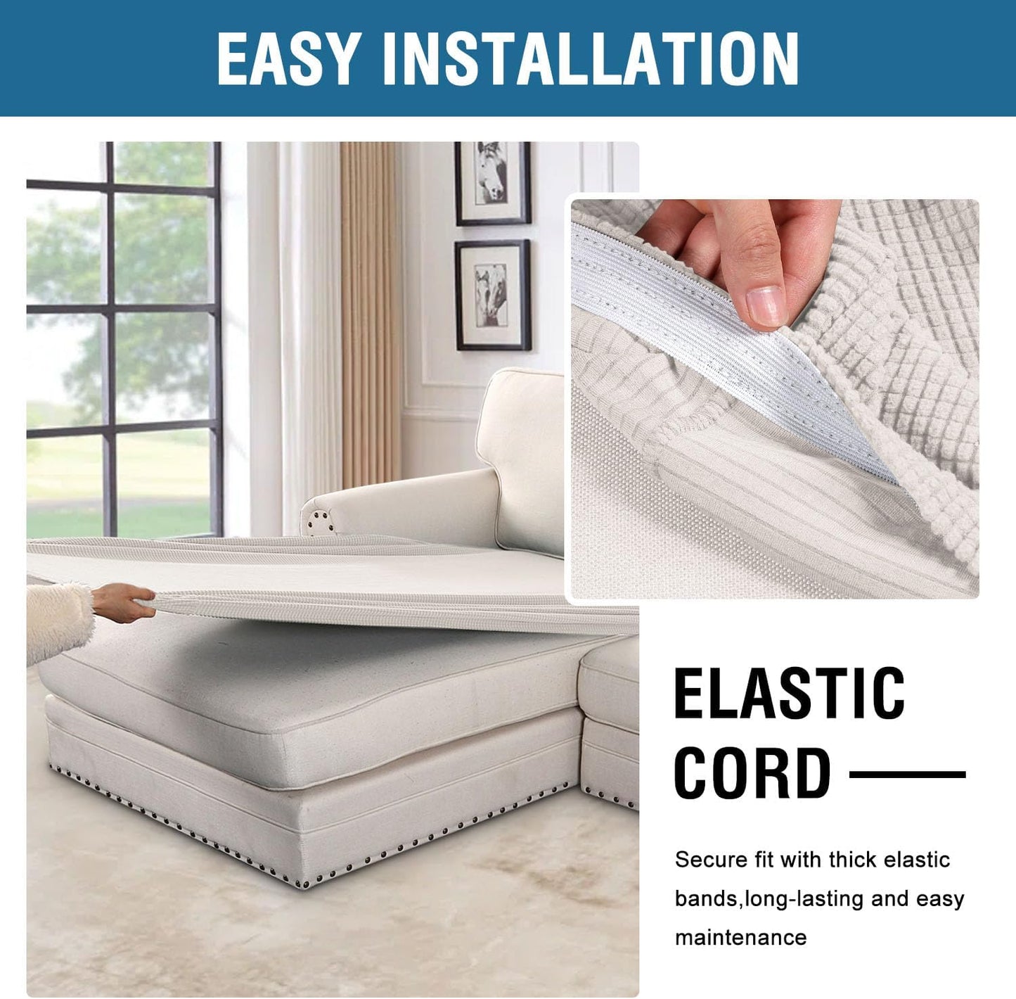 H.VERSAILTEX Super Stretch Individual Chaise Cover Sectional Couch Covers for L Shaped Sofa Both Left/Right Featuring Thick Jacquard Textured Twill Fabric (1 Piece Chaise Cover, Ivory)