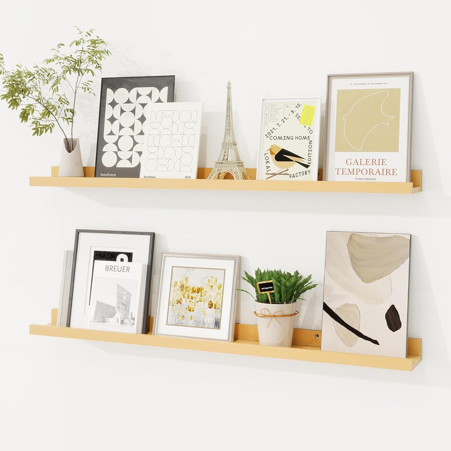 Picture Ledge Shelf, Solid Pine Wood Floating Shelves Set of 2, 32 Inches Nursery Book Shelves for Toys Storage, Kids Bookshelf Wall Mounted for Living Room Bedroom Decor Books Photo Frames, Natural