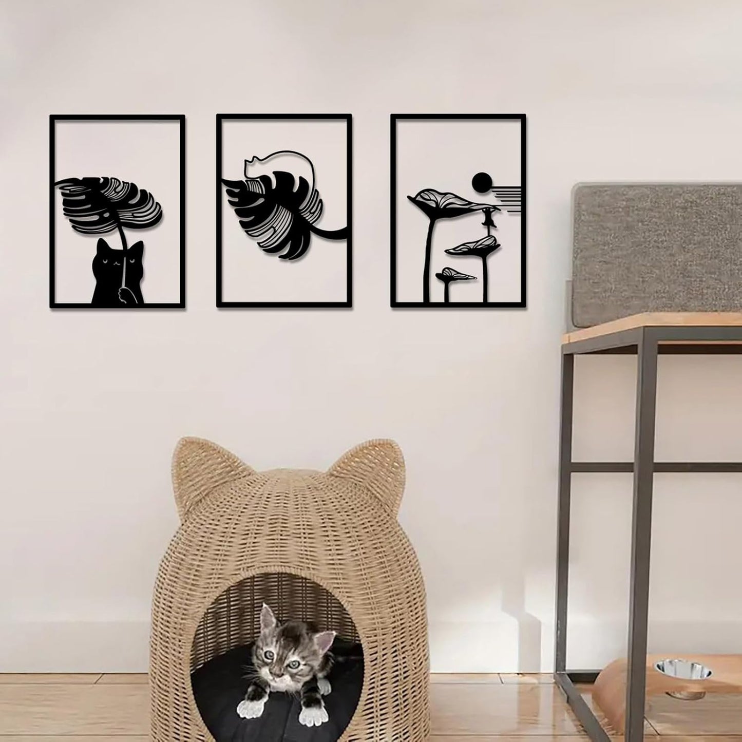 3Pcs Black Cat Wall Art, Metal Wall Sculptures, Cat Wall Decor for Cat Lovers, for Living Room Bedroom Kitchen Office Wall Hanging Décor