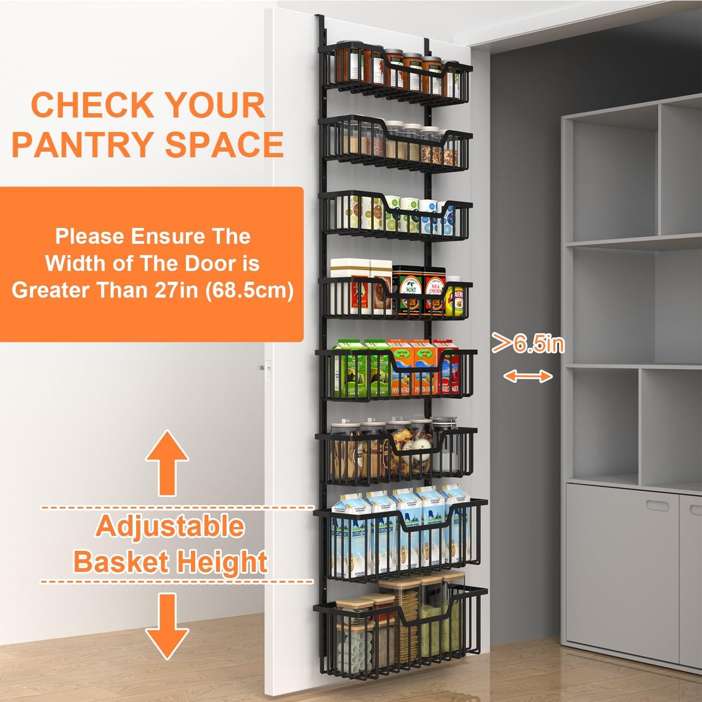 Over The Door Pantry Organizer, 8-Tier Pantry Door Organizer Shelves | 3 Sizes | Adjustable Basket | Metal Hanging Spice Rack for Kitchen, Pantry, Cabinet, Back of Door Seasoning Rack, Black