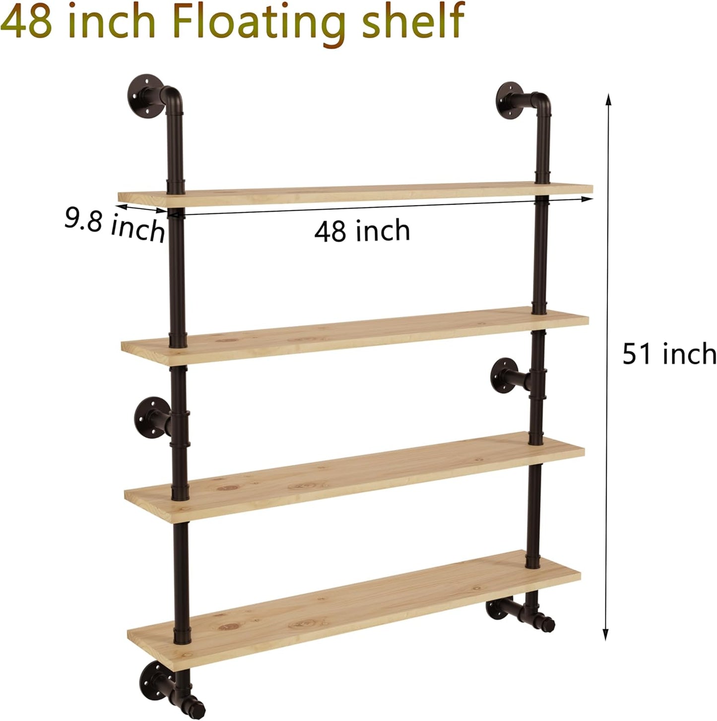Industrial Pipe Wall Shelves Shelving with Real Wood Plank,48 Inches Floating Shelf for Wall Farmhouse Book Shelves Dark Brown 4 Tier for Kitchen,Living Room Decor and Bar Shelving