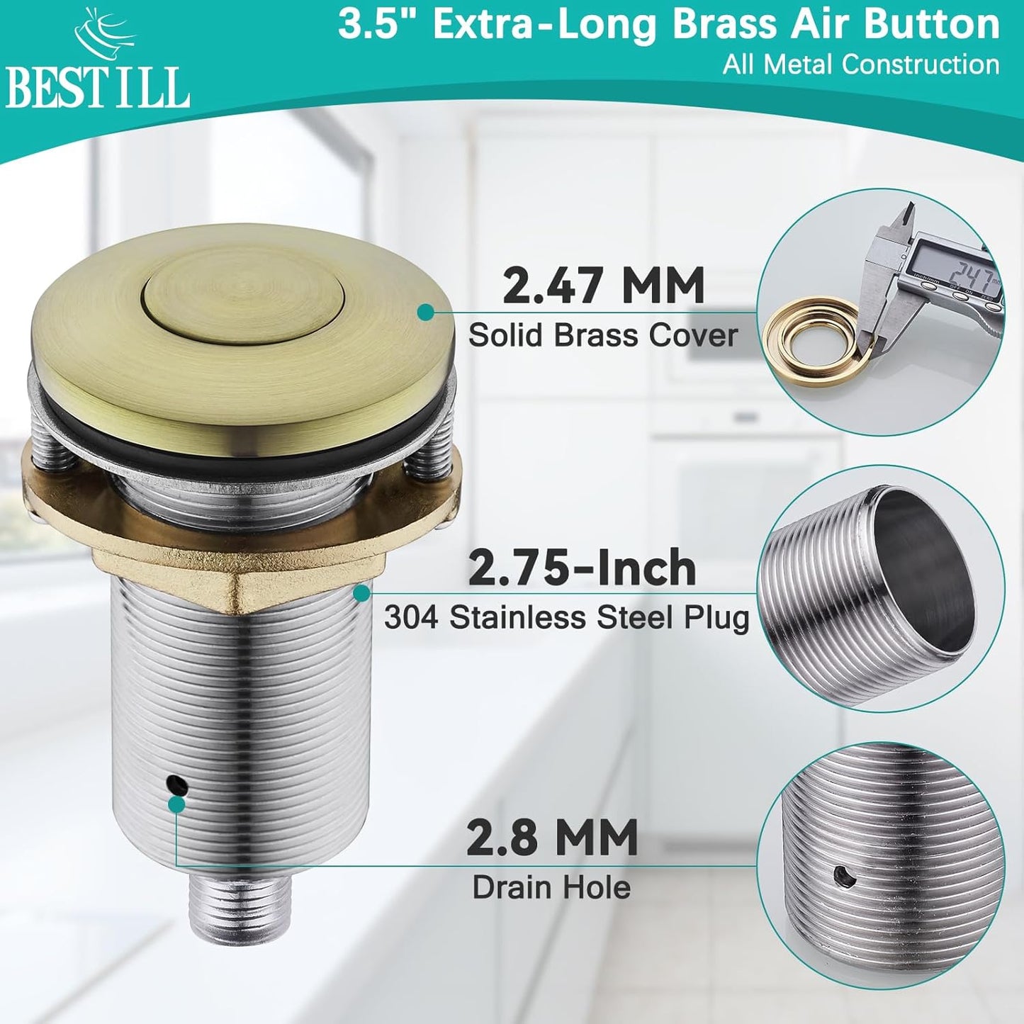 BESTILL Garbage Disposal Air Switch Kit - UL Listed, Brass 3.6" Long Push Button for Waste Disposer, Cordless Sink Top Switch Button, Brushed Gold, Compatible with all Garbage Disposals