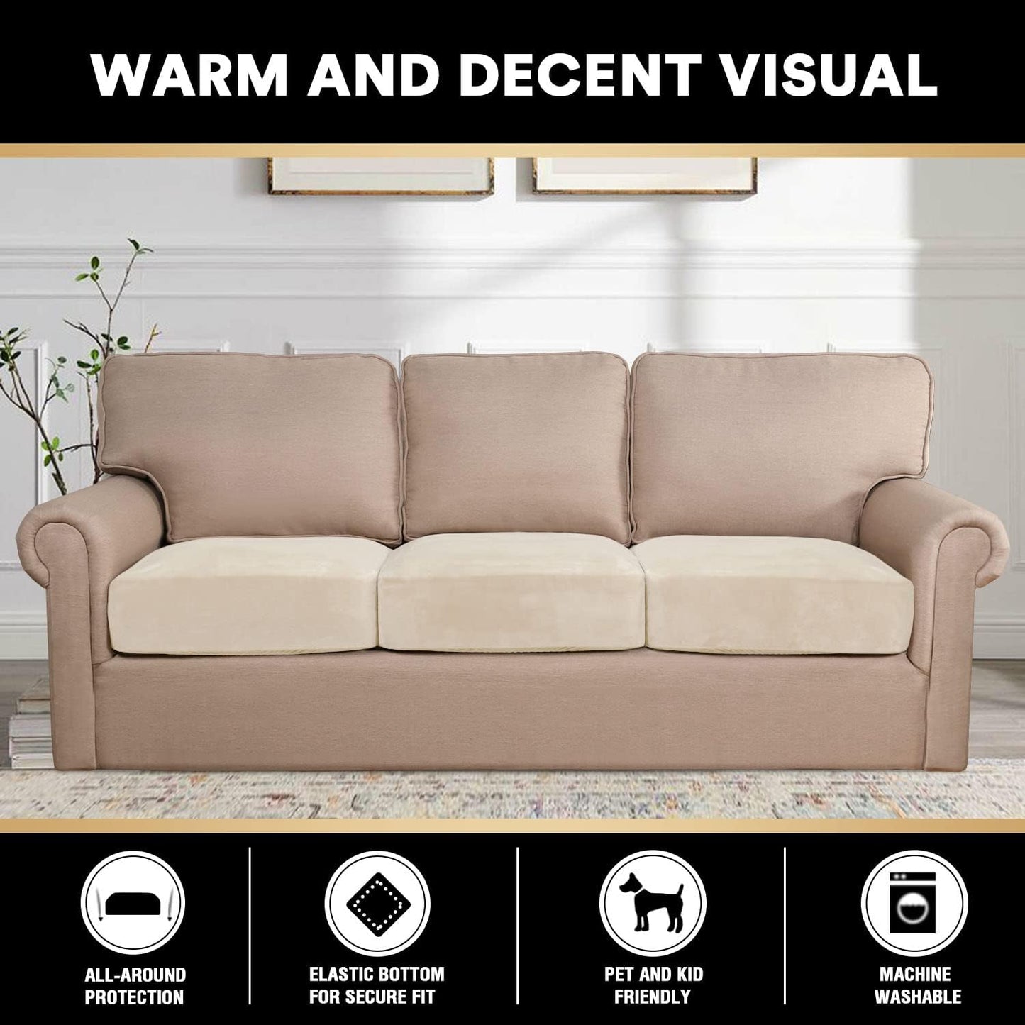 PrinceDeco Stretch Sofa Cushion Covers for Couches and Sofas,Soft Velvet Couch Seat Covers, Sofa Covers Washable, Seat Cushion Cover for 3 Couch Sofa Pet Friendly - Ivory, Each Width Up to 29.5"