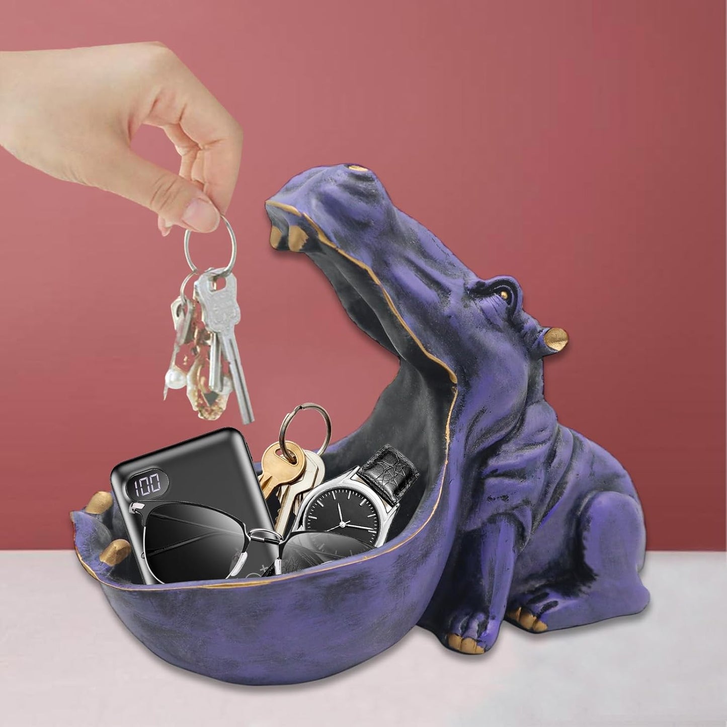 aboxoo Hippo Statue Home Resin Hippopotamus Figurine Fun Candy Dish,Key Bowl,Big Mouth Sculpture Table Art Decoration Sundries Container Storage Box (Purple)