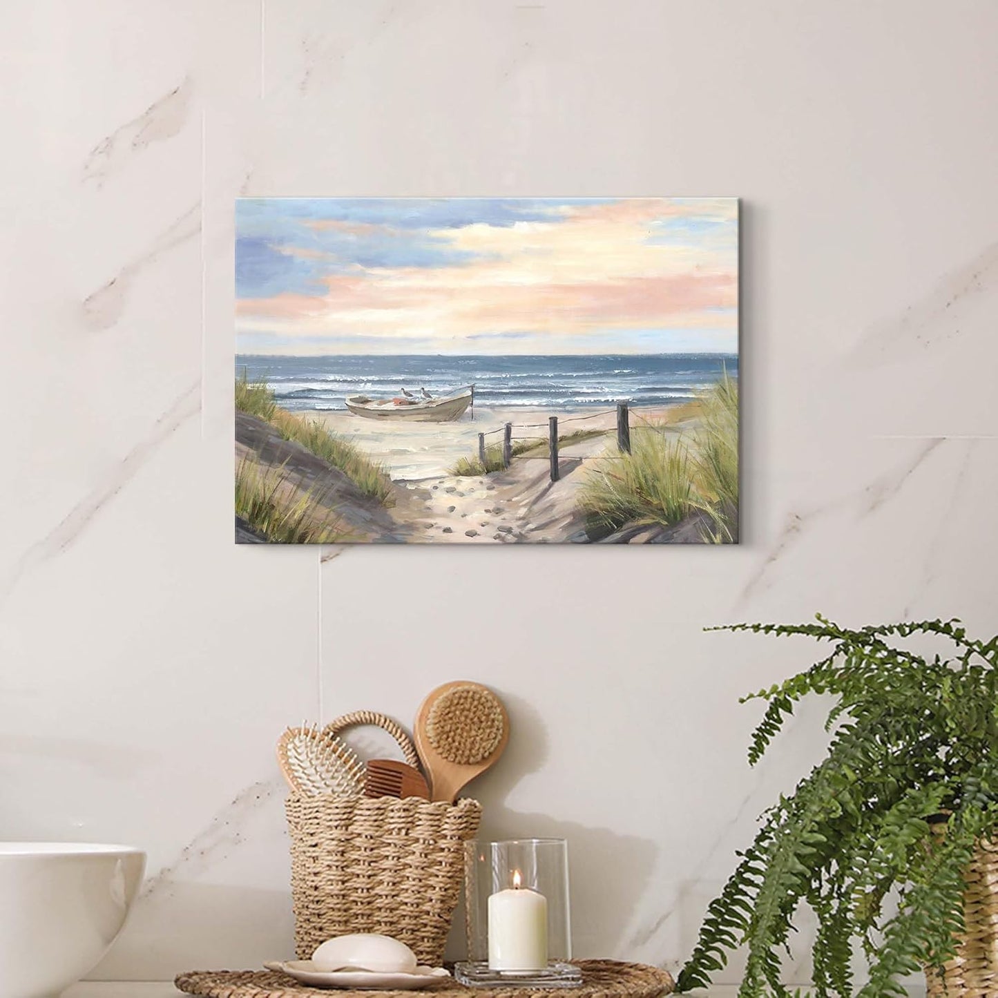 cozy country Ocean Wall Art 16"x11" - Coastal Pictures Beach Canvas Decor - Seashore Artwork Seascape Painting for Bathroom, Bedroom, Sea House