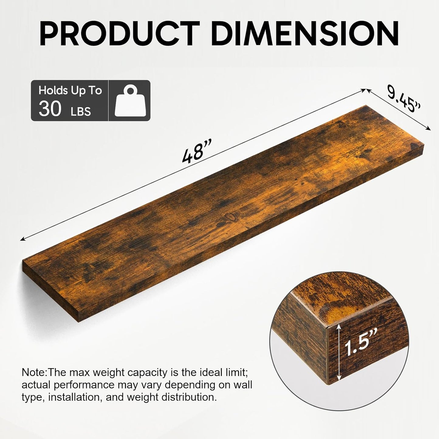 BAYKA Floating Shelves, 48 inches Long Wall Mounted Rustic Wood Shelves for Bathroom, Bedroom, Living Room, Kitchen, Office, Hanging Shelf for Books/Storage/Decor(Rustic Brown,Set of 2)