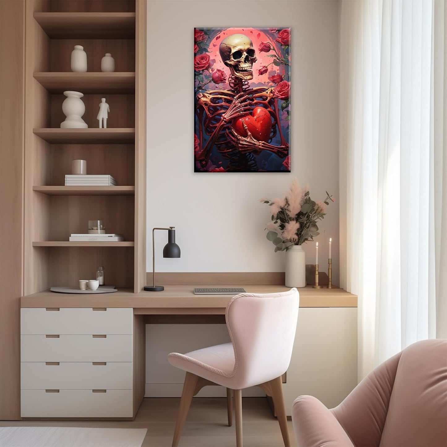 OAAPITI Skull Skeleton Canvas Wall Art Skull Holding Heart Picture Print Romantic Theme Painting Artwork Gothic Poster Wall Decor Living Room Halloween Decor(Artwork-1,28"x42")